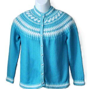 VTG Handmade Wool Fair Isle Cardigan Sweater Blue White Nordic Women's Medium